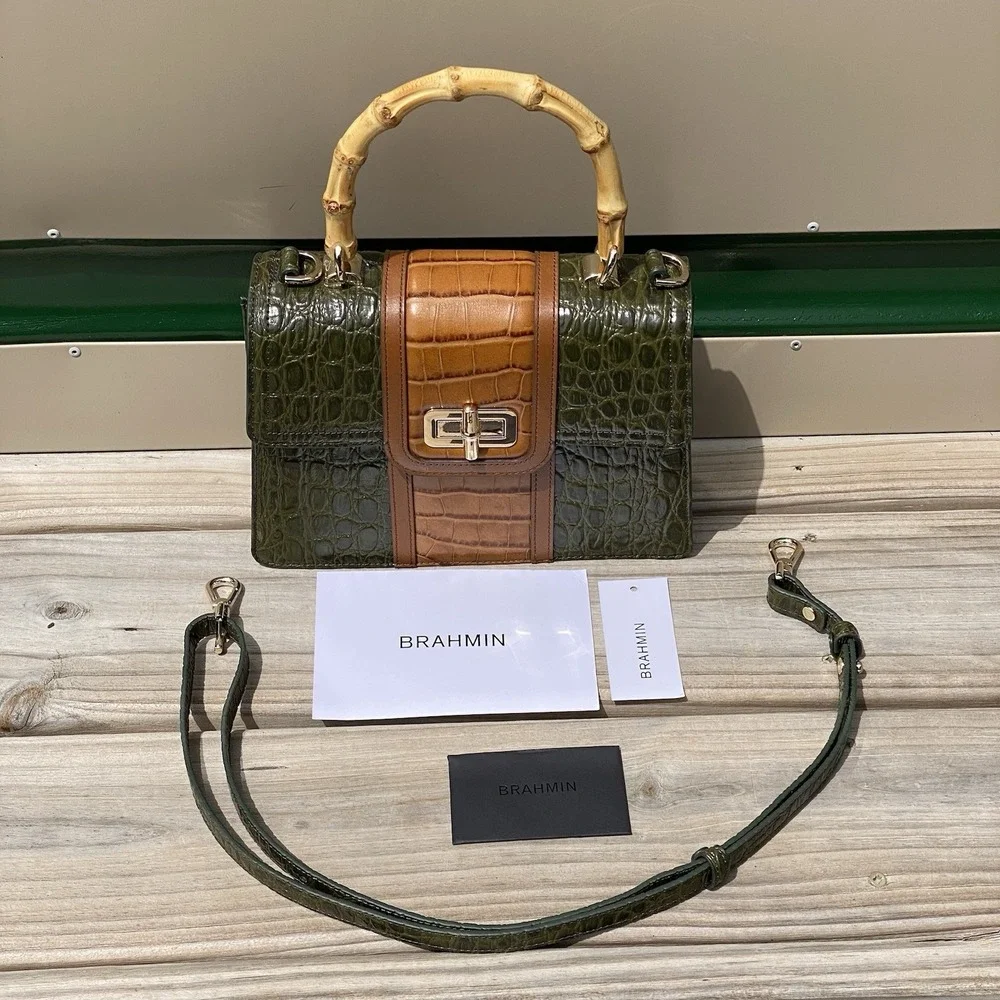 Brahmin Small Hallie Green Brookhaven Crossbody Satchel Top Handle Bag